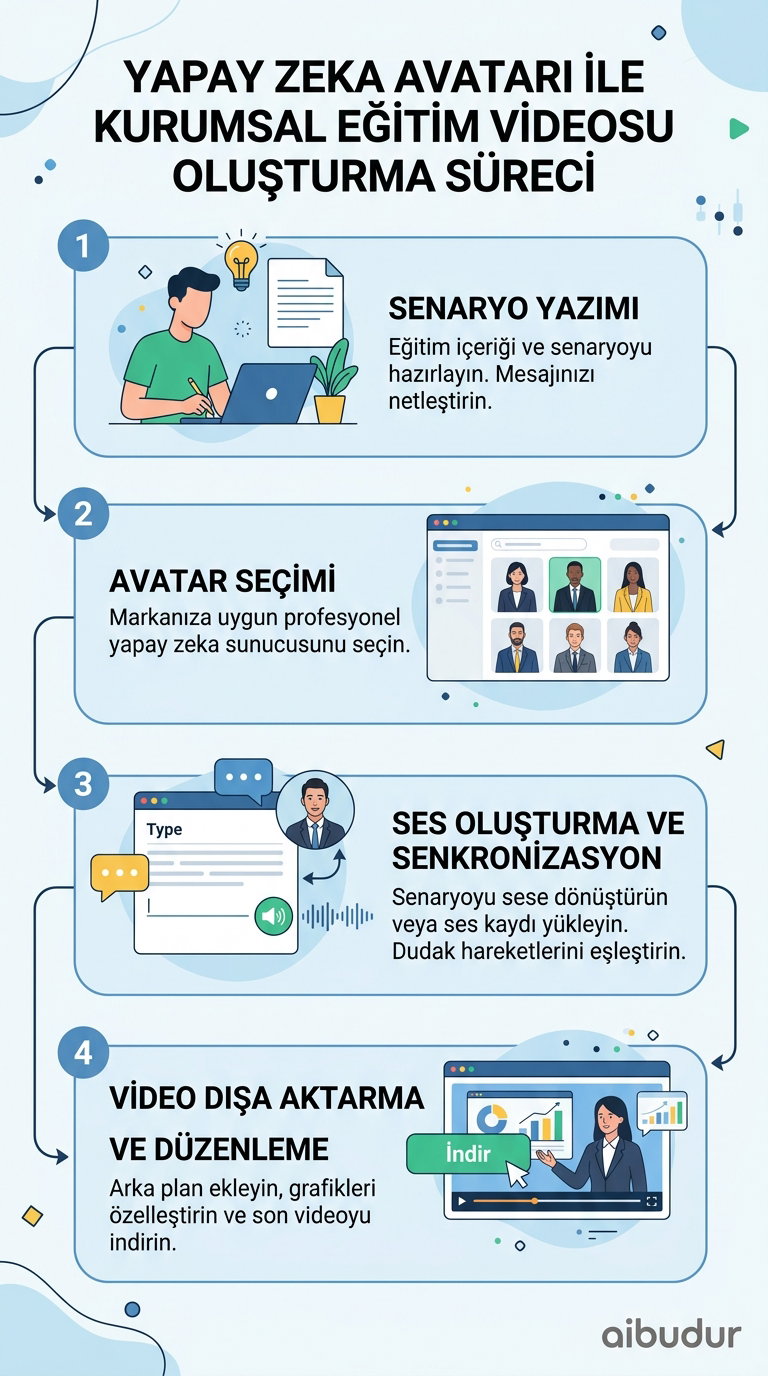 AI avatar seçimi ve senaryo yazımı adımlarını gösteren ekran görüntüsü