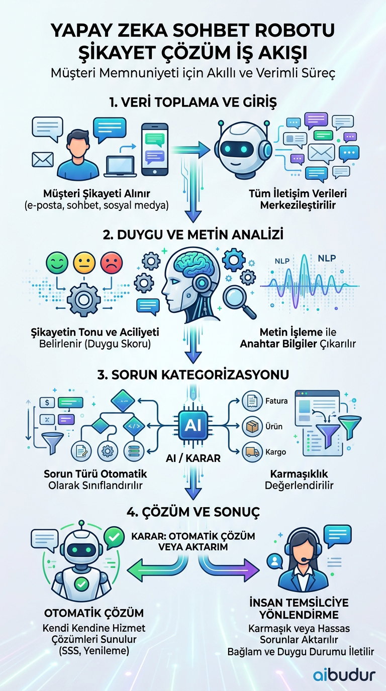 AI chatbot şikayet kategorilendirme ve yönlendirme süreci