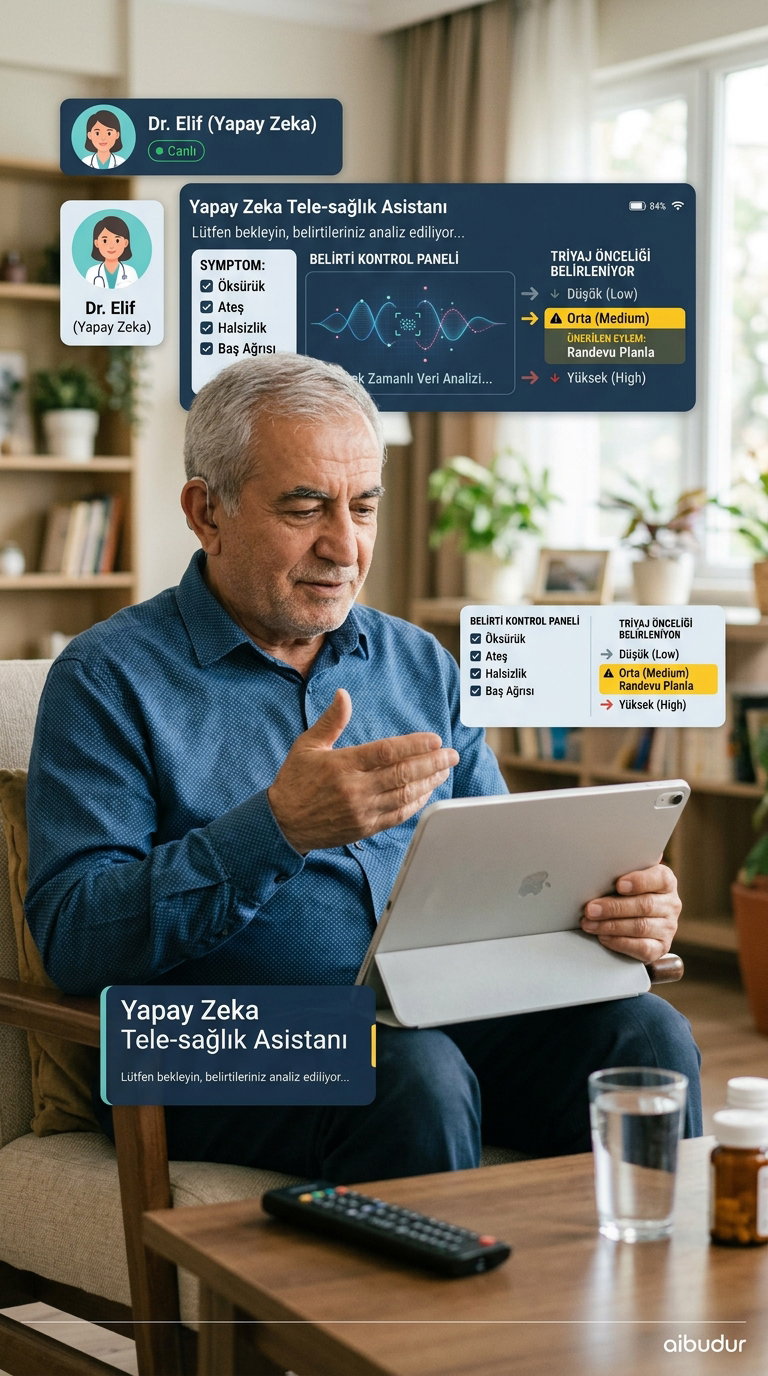AI asistanın hasta semptomlarını analiz ettiği dijital arayüz