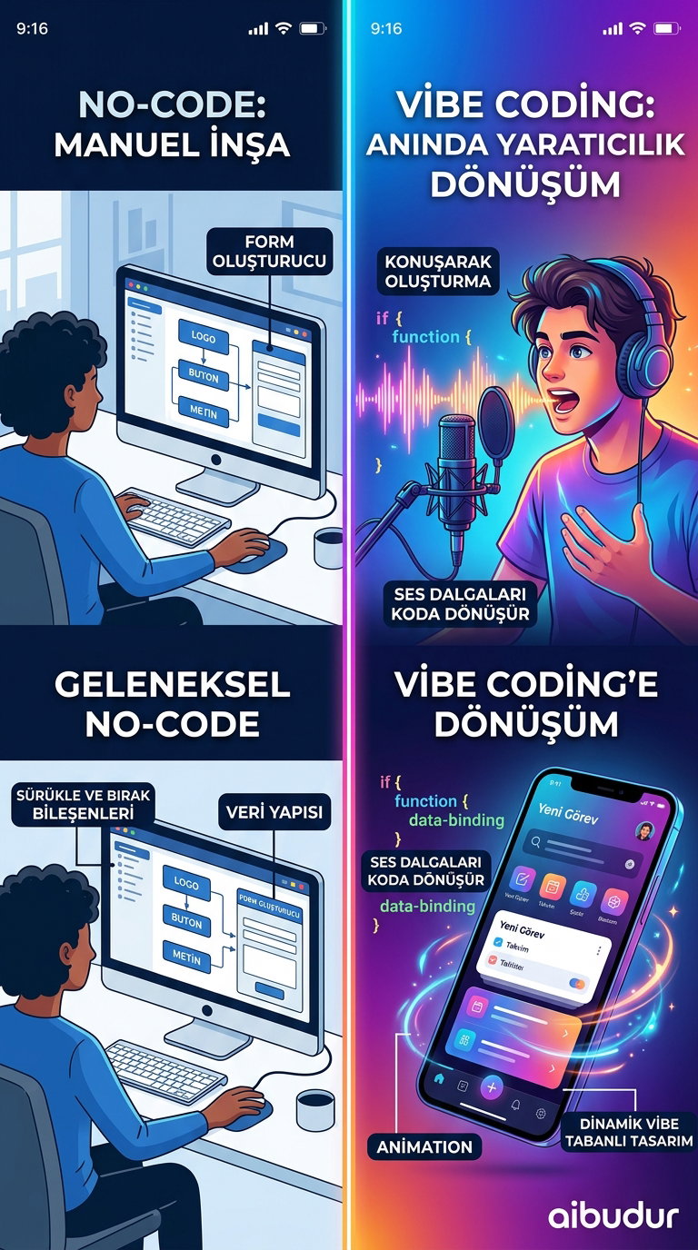 Comparison of no-code platform interface and Vibe Coding approach