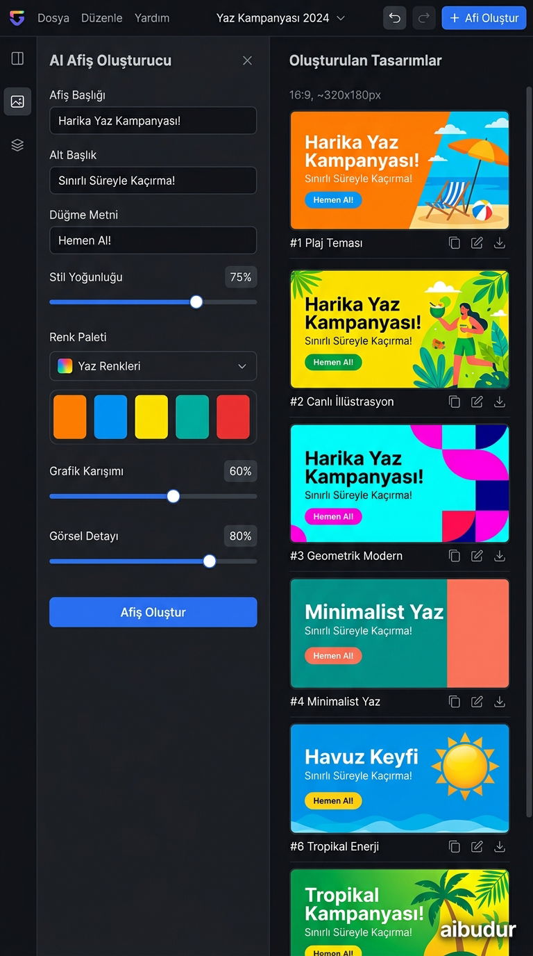 Yapay zeka banner platformu arayüzü ve tasarım varyasyonları