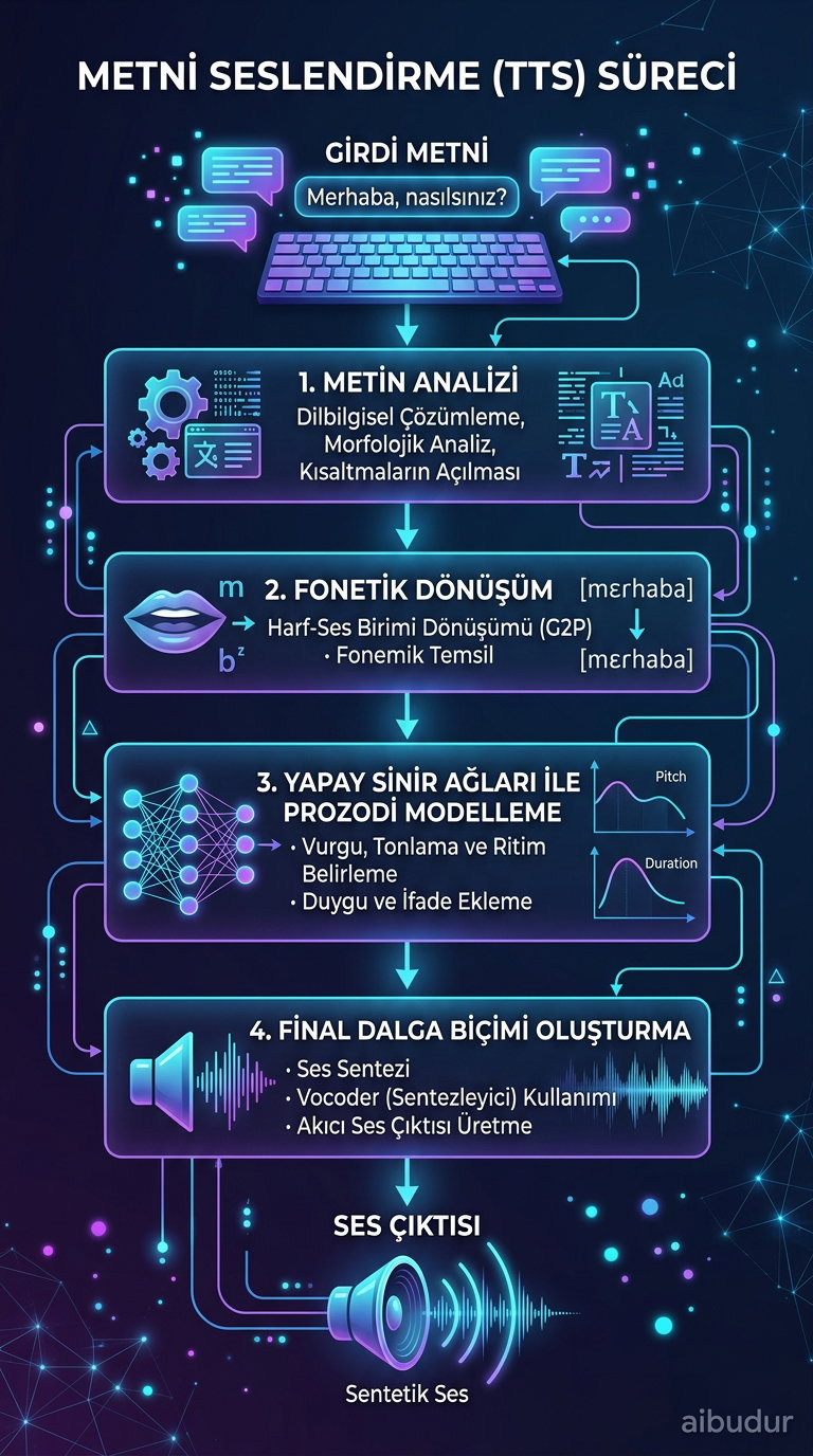 Derin öğrenme modelleriyle ses sentezi adımlarını gösteren görsel